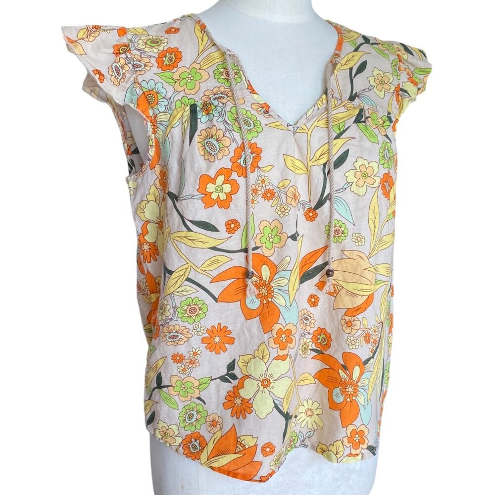 Hester & Orchard Linen Blend Cottagecore Shirt Floral Retro Boho Tassel Tie-M